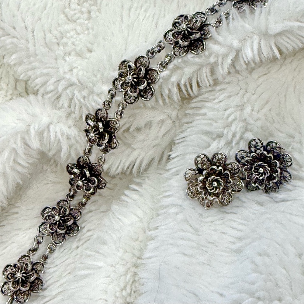 Vintage Sterling Silver Floral Filigree Bracelet & Matching clip-on Earring Set